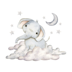 Safari watercolor hand-drawn illustration with baby elephant, clouds, moon and stars for kids