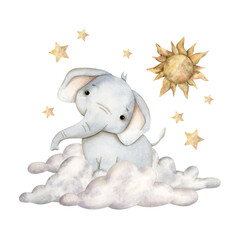 Safari watercolor hand-drawn illustration with baby elephant, clouds, sun and stars for kids