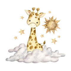 Safari watercolor hand-drawn illustration with baby giraffe, clouds, sun and stars for kids