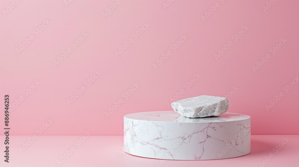 Poster white marble column display on pink background with stone podium and copy space for product presenta