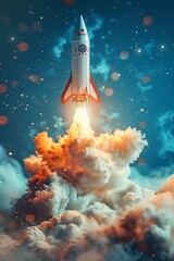 Naklejka premium Rocket launching from laptop, surreal, bright blue background