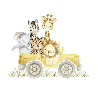 safari animals in yellow jeep watercolor