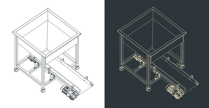 Feeding hopper with belt conveyor isometric blueprints