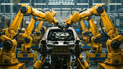 robots assembling cars in a factory the robots are yellow and industrial they work with synchronized movements