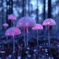 Enchanted forest with glowing mushrooms and fairy lights, fantasy, magical nature