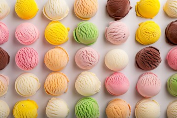 Vibrant top-down view of assorted gelato flavors in various colors, beautifully arranged and tempting. Beautiful simple AI generated image in 4K, unique.