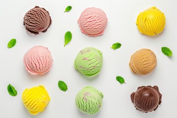 Vibrant top-down view of assorted gelato flavors in various colors, beautifully arranged and tempting. Beautiful simple AI generated image in 4K, unique.