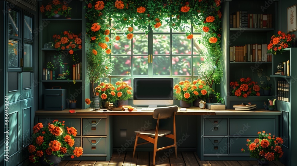 Poster a desk with a computer and a chair is positioned near a window with flowers in the room.