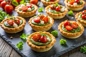Mini pesto pie with tomatoes and basal