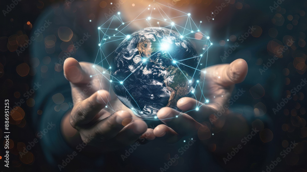 Aufkleber abstract palm hands with global network connections, innovative technologies in the field of science