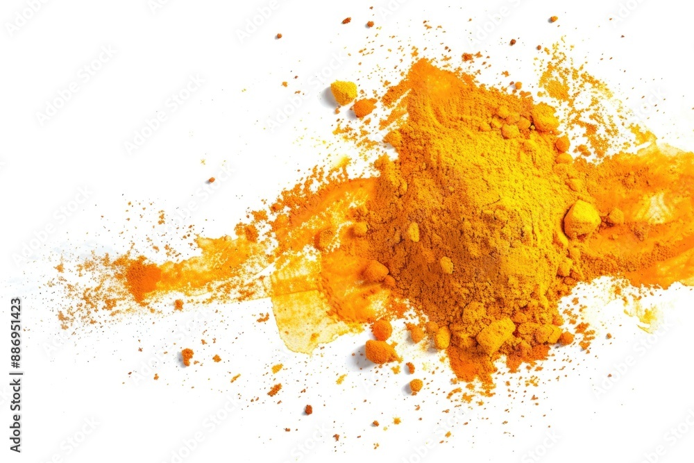 Poster a close-up shot of a pile of yellow powder on a white surface, suitable for use in illustrations or 