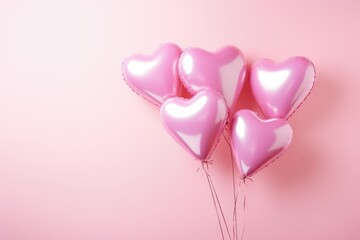 Pink foil heart shaped balloons against pink wall