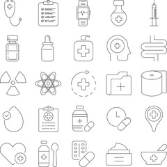 Digital healthcare outline icons set isolated on white background flat vector illustration. Linear elements for applications, social media image of ambulance, hospital, science