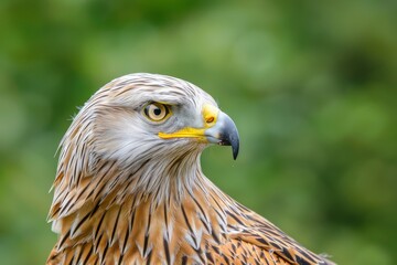 Fototapeta premium A close-up of a Red Kite, with a contemplative look, set against a muted sky in the serene fields of Lleida. Beautiful simple AI generated image in 4K, unique.