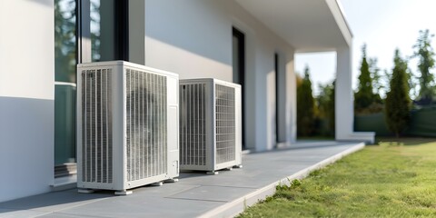 Fototapeta premium Residential building with sustainable energy from ground source heat pump installation. Concept Sustainable Energy, Ground Source Heat Pump, Residential Building, Installation, Renewable Technology
