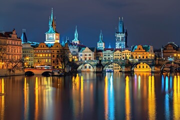 Fototapeta premium Night View of Prague's Charles Bridge