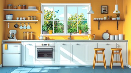 Bright yellow kitchen with white cabinets, window overlooking a garden with trees and a blue butterfly. Two yellow stools at the counter