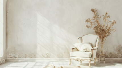 Minimalist Living Room Featuring a White Vintage Armchair"
"White Vintage Armchair in Minimalist Living Room Setting"