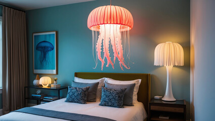 Contemporary bedroom features pink jellyfish chandelier illuminating bed with plush pillows and bedside table with white lamp