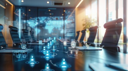 Fototapeta premium Boardroom Governance Dynamics, boardroom setting with icons representing board meetings, governance policies,