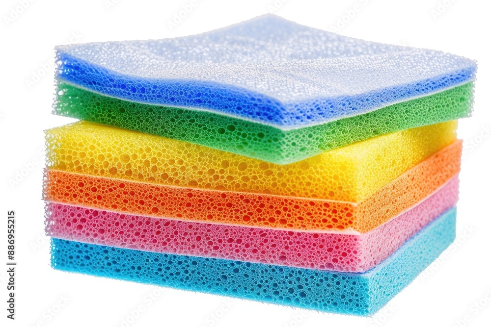 Poster close-up of stacked sponges on a white background, suitable for still life photography or diy tutori