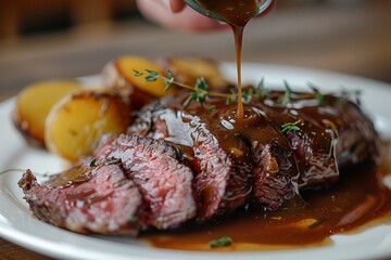 Roast beef slices and gravy flying elegantly