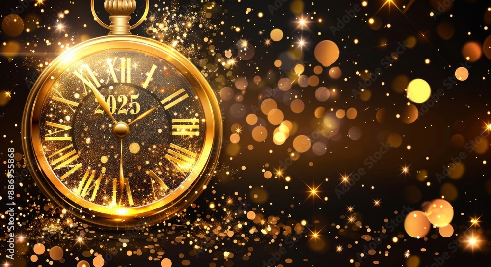 Poster golden clock face displaying the year 2025 with sparkling lights and festive atmosphere
