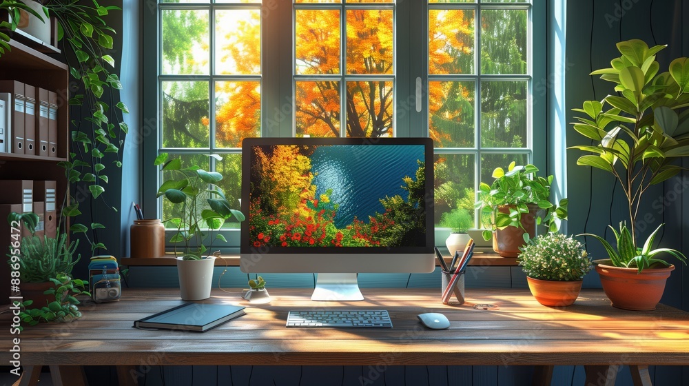 Poster a home office desk with a computer and scenic wallpaper is placed in front of a window overlooking a
