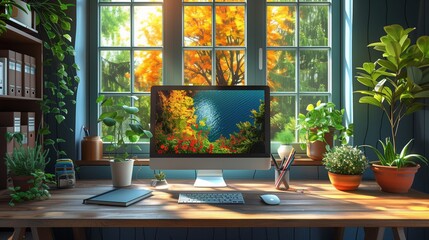 A home office desk with a computer and scenic wallpaper is placed in front of a window overlooking a vibrant fall landscape. Sunlight fills the room