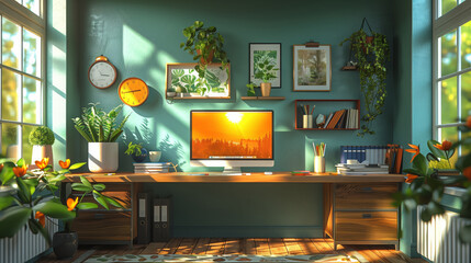 A modern home office with green walls, natural light coming through the window, and a desk with a computer and other office supplies.