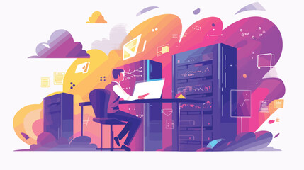 Naklejka premium Digital devices and businessman with laptop on cloud