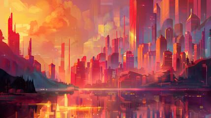 Fototapeta premium Futuristic night city. Cityscape on a dark background with bright and glowing neon purple and blue lights. Cyberpunk and retro wave style illustration.