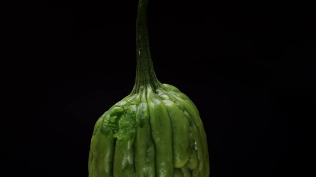 A bitter gourd rotating on black background close-up, a vegetable often used as an ingredient in cuisine, is placed on a wooden table. This terrestrial plant is commonly found