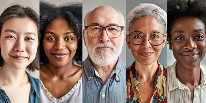Portraits of diverse elderly people, close-up faces of senior men and women smiling, multigenerational diversity, concept