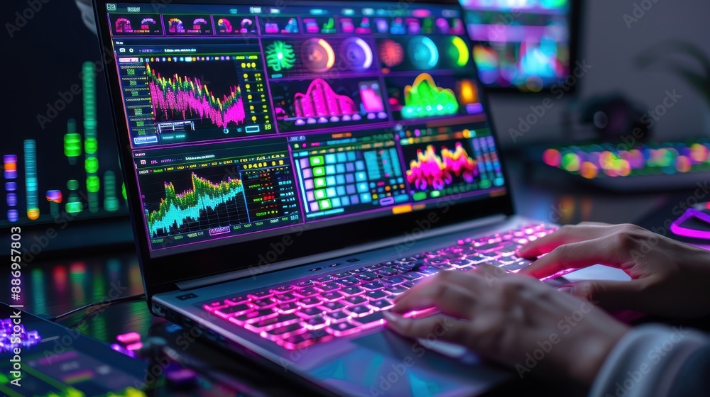 Poster person analyzing data on a laptop with multicolored charts and graphs on the screen, representing te