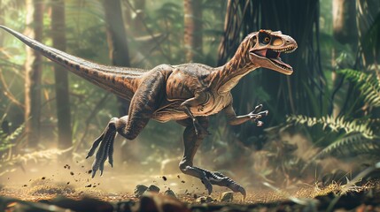 Naklejka premium A dinosaur is captured mid-stride, dynamically running through a dense forest. This image showcases its agility and power, evoking the thrill of ancient wildlife.