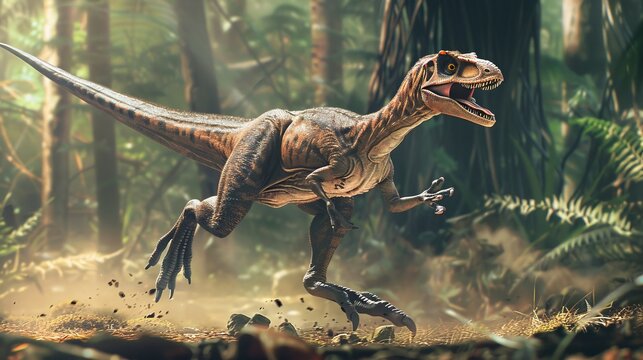 A dinosaur is captured mid-stride, dynamically running through a dense forest. This image showcases its agility and power, evoking the thrill of ancient wildlife.
