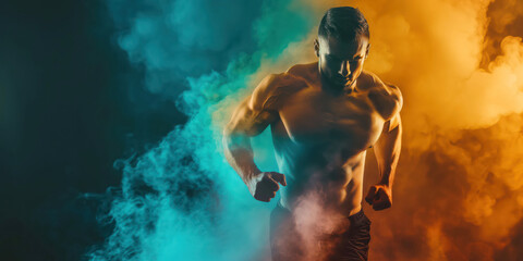 Fototapeta premium Muscular man running through colorful smoke, athletic fitness motivation, dynamic strength concept