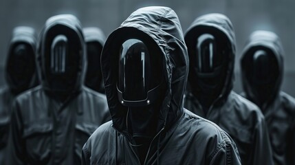 A group of hooded figures wearing faceless black masks stand together, creating an ominous and dark atmosphere with a sense of unity and anonymity in an urban setting.