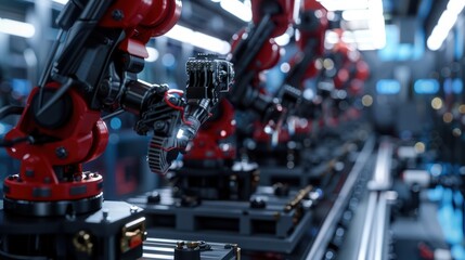 Fototapeta premium Close-up view of intricate robotic parts in a smart factory setting, showcasing advanced technology and precision engineering.