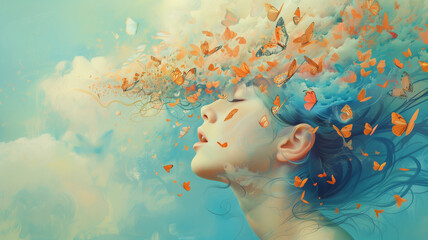 Naklejka premium Human brain with butterflies, self care and mental health concept, positive thinking, creative mind