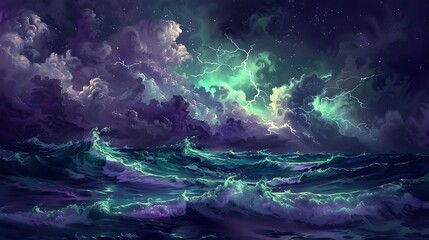 Obraz premium Minimalistic stormy ocean with light green lightning, flowing waves under a deep amethyst night sky