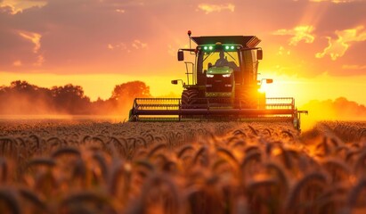 Fototapeta premium Green harvester working in a wheat field during a beautiful sunset