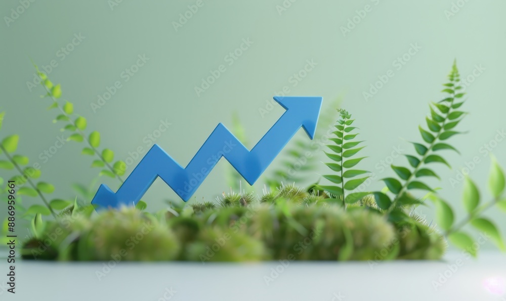 Poster a blue arrow pointing upwards, symbolizing growth and progress the background is light green to crea