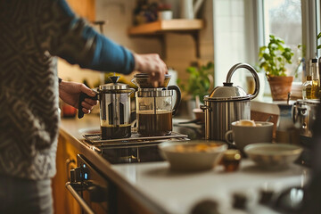 A person making coffee with French presses on a kitchen counter, surrounded by various kitchen items, representing a cozy morning routine at home.