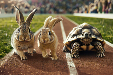 A tortoise and two rabbits on a race track, highlighting the famous fable concept of the slow and steady winning against the fast but hasty.