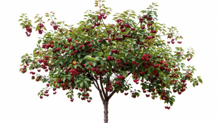 Fototapeta premium Cherry Tree: A lifelike image of a cherry tree with green leaves and clusters of ripe red cherries, set against a stark white background 