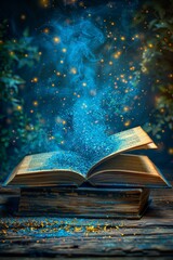 Valentine s day concept  heart shaped bokeh lights in open book, love and literature composition