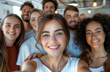 Group of diverse friends taking a cheerful selfie together indoors