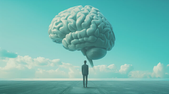 Man stands in front of a huge brain, connect to artificial intelligience, explosion of ideas, brainstorming for solutions, discovery, innovation and creativity